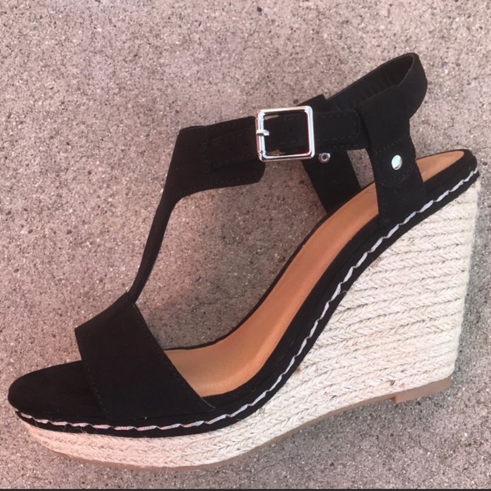 Black Micro Suede T-strap Espadrille Wedge